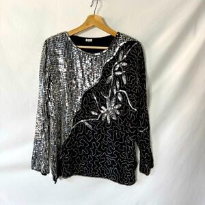 Vintage Silk Beaded and Sequined Black and Silver Blouse